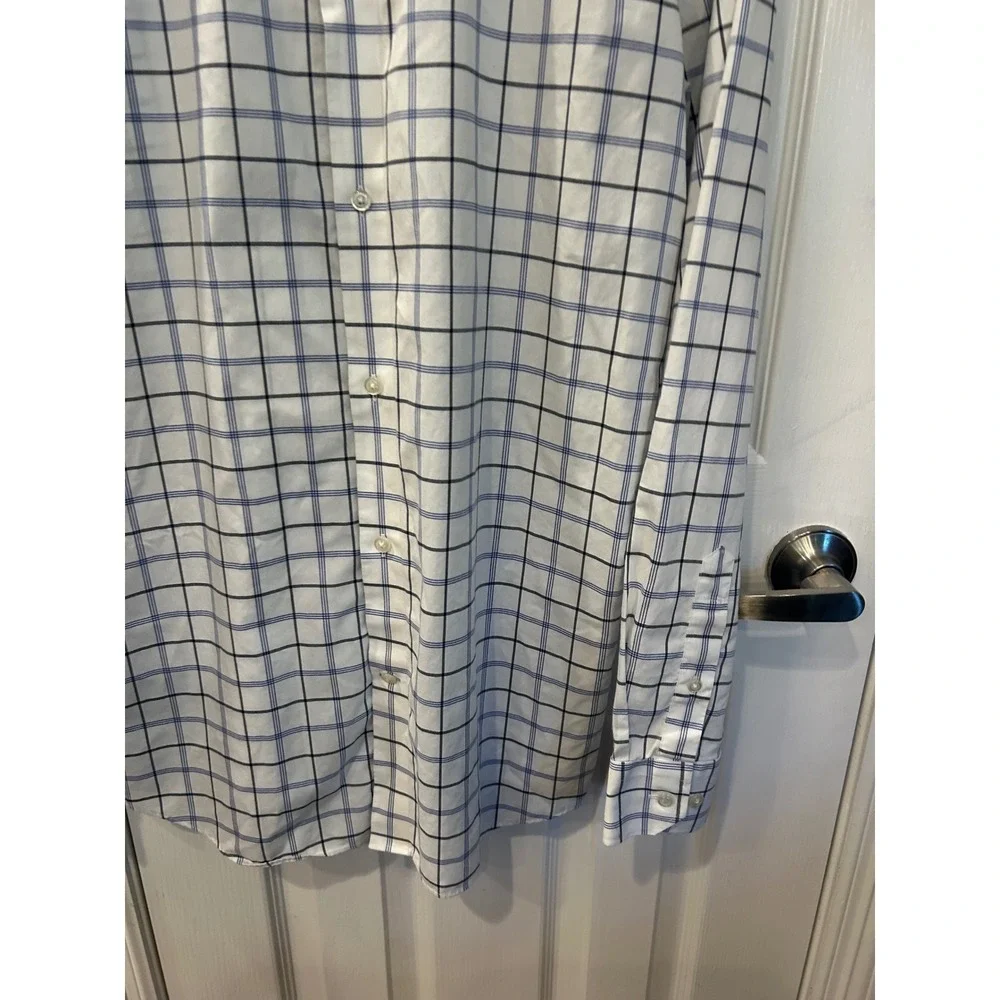 Banana Republic Dress Shirt White Blue Plaid Grant Fit Non-Iron Cotton Tall L